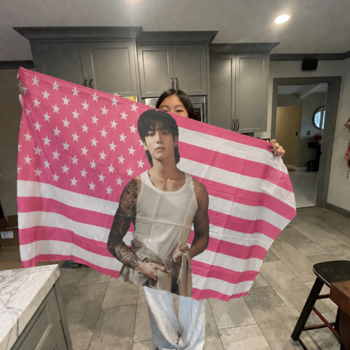 Jungkook Pink American Flag Tapestry K-Pop Music Flag, Singer Fan Room Decor, Aesthetic Pink Flag