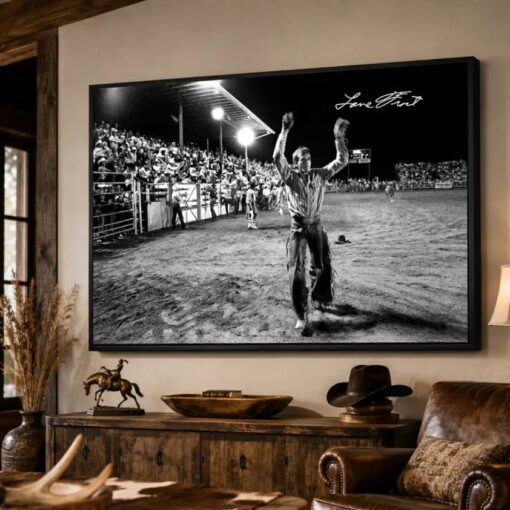 Lane Frost, 2-Handed Wave, Final Challenge of the Champions, Spanish Fork, UT, 1988 Black & White o Poster Home Decor
