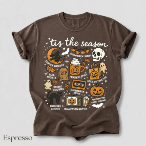 Comfort Colors Tis The Season Halloween Skeleton Black Cat Witch Ghost Pumpkin Tee