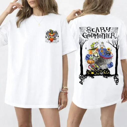 Scary Godmother Halloween Graphic T-Shirt, Witch Pumpkin and Monster Front & Back Print