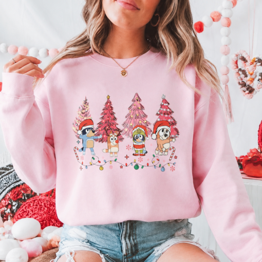 Bluey Christmas Sweatshirt, Cute Pink Holiday Crewneck, Bluey Family Christmas Shirt, Cartoon Christmas Sweatshirt, Festive Winter Pullover, Christmas Gift for Bluey Fans